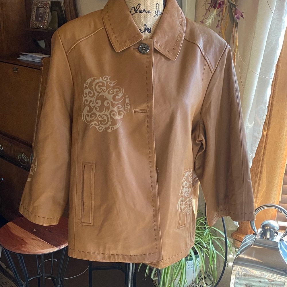 Coldwater Creek Tan Leather Jacket with Decorative Print